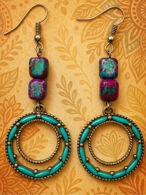 Turquoise Hoop Drop Earrings | Vintage Repurposed Beaded Boho Southwestern